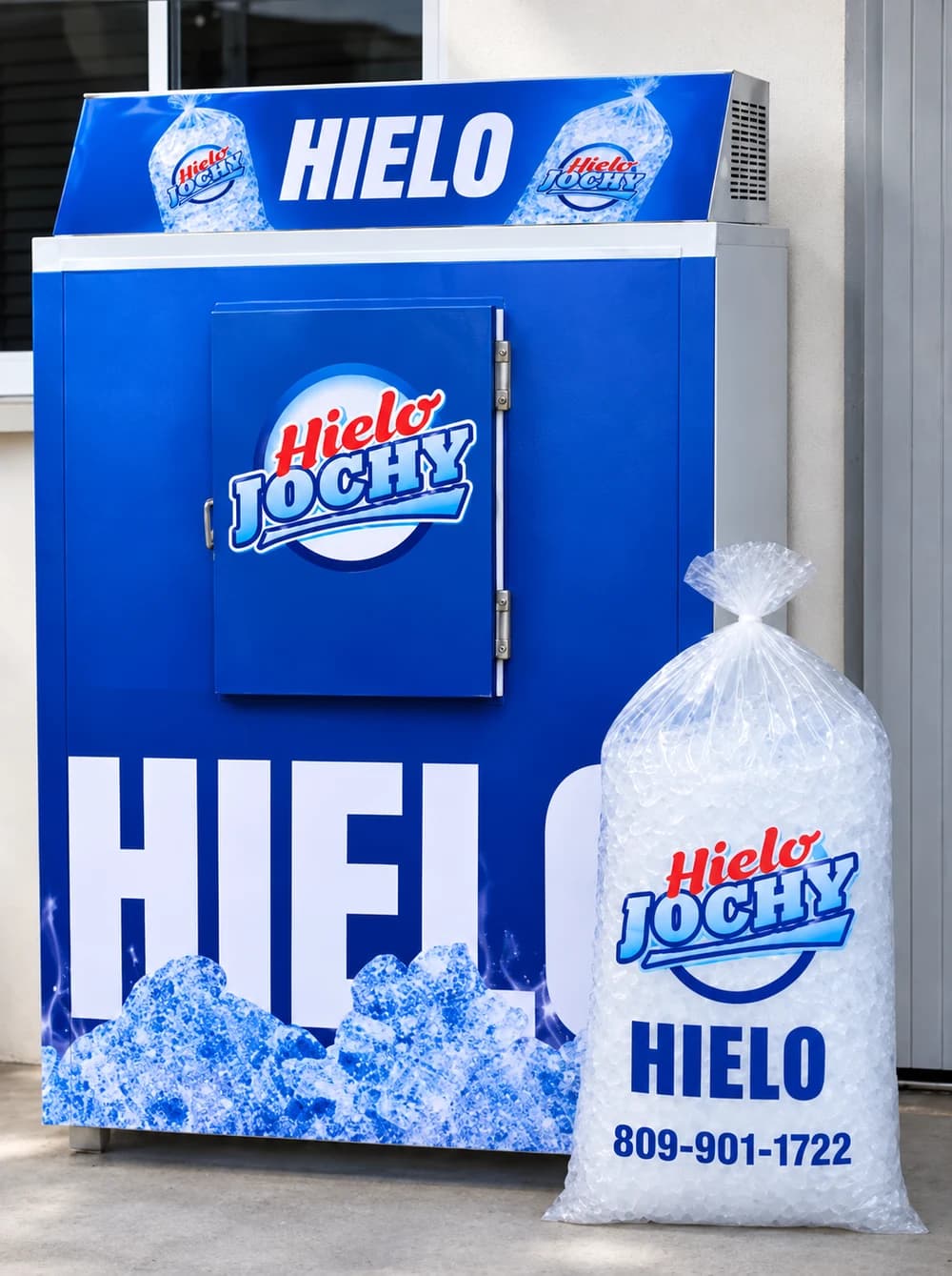 Equipo azul de hielo Hielo Jochy con una bolsa de hielo junto a la puerta